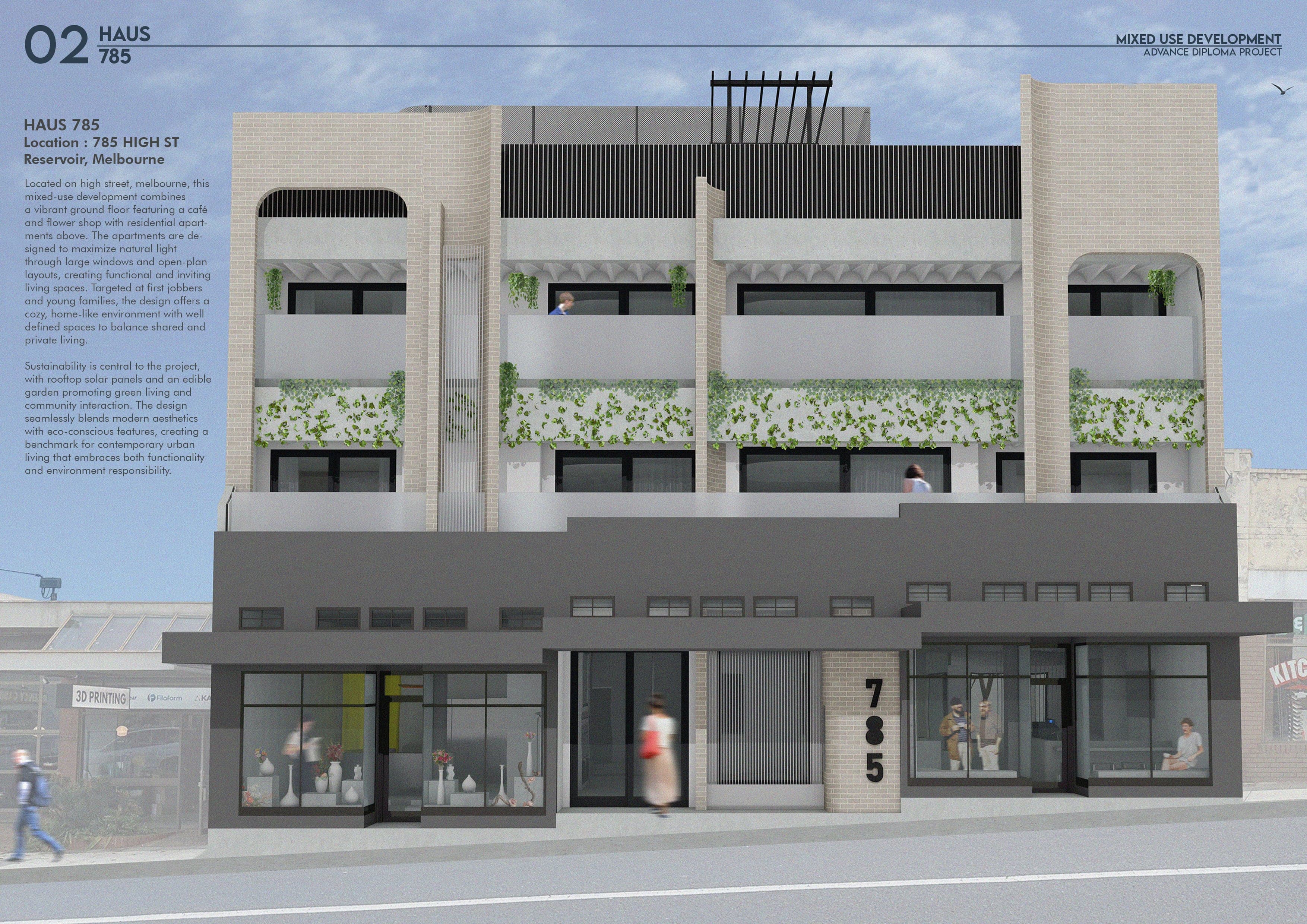 Street-front perspective of Haus 785, with apartments behind curved brick piers and planted balconies above a ground-floor café and flower shop