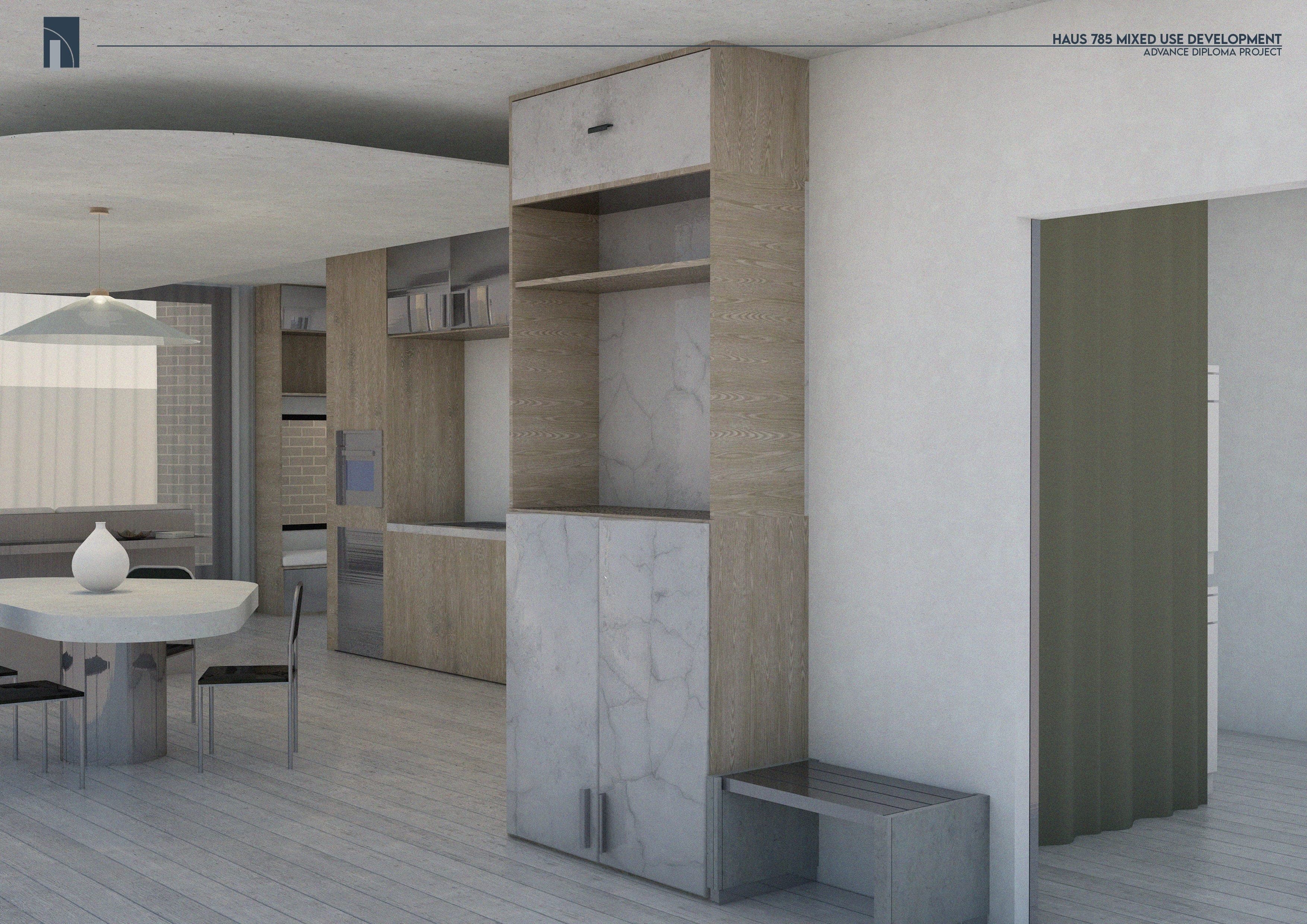 Interior perspective of an apartment's open-plan kitchen and dining area with timber and stone joinery