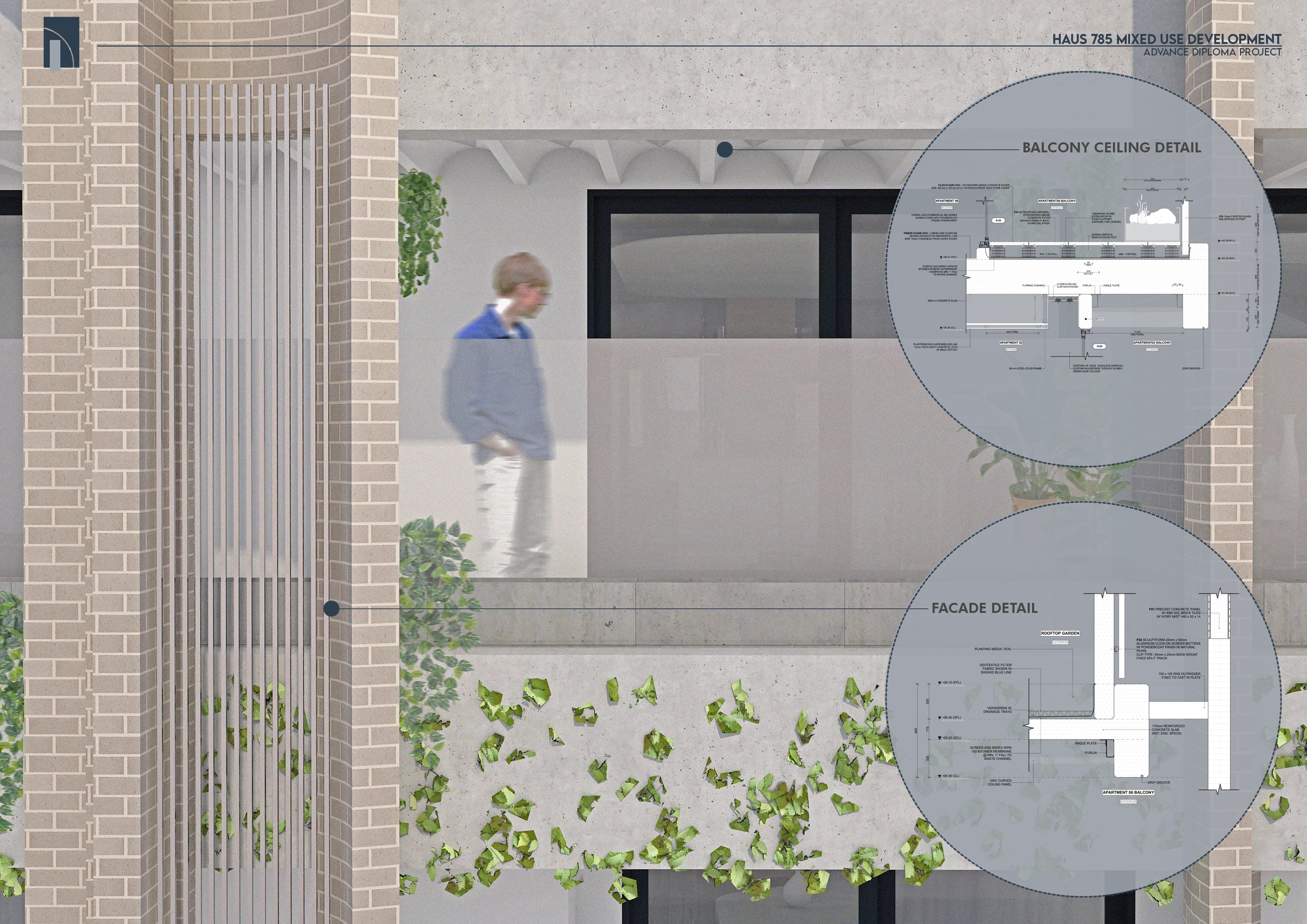 Facade perspective with balcony ceiling and facade construction details
