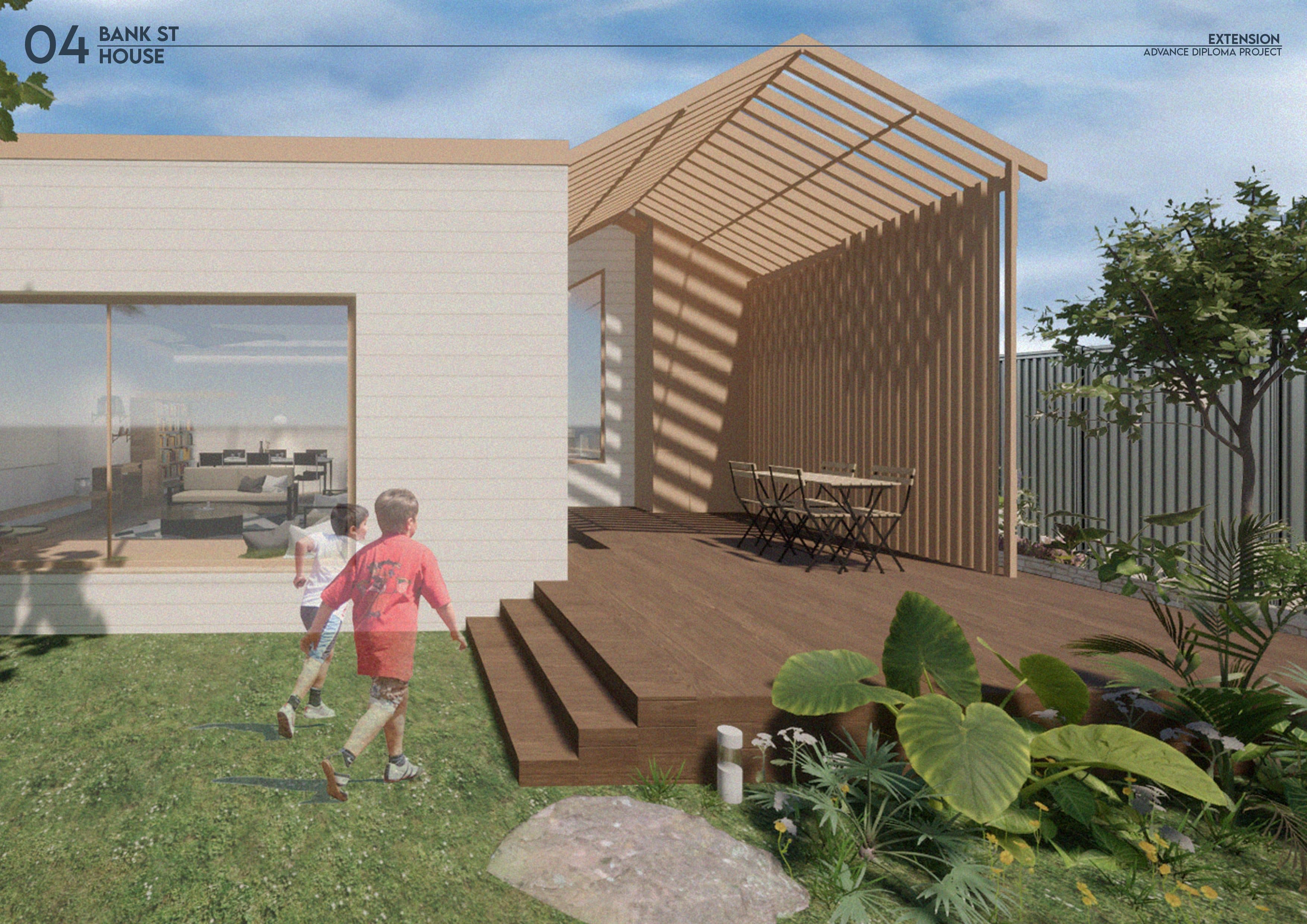 Rear garden perspective of the extension, with its timber deck and slatted gable pergola