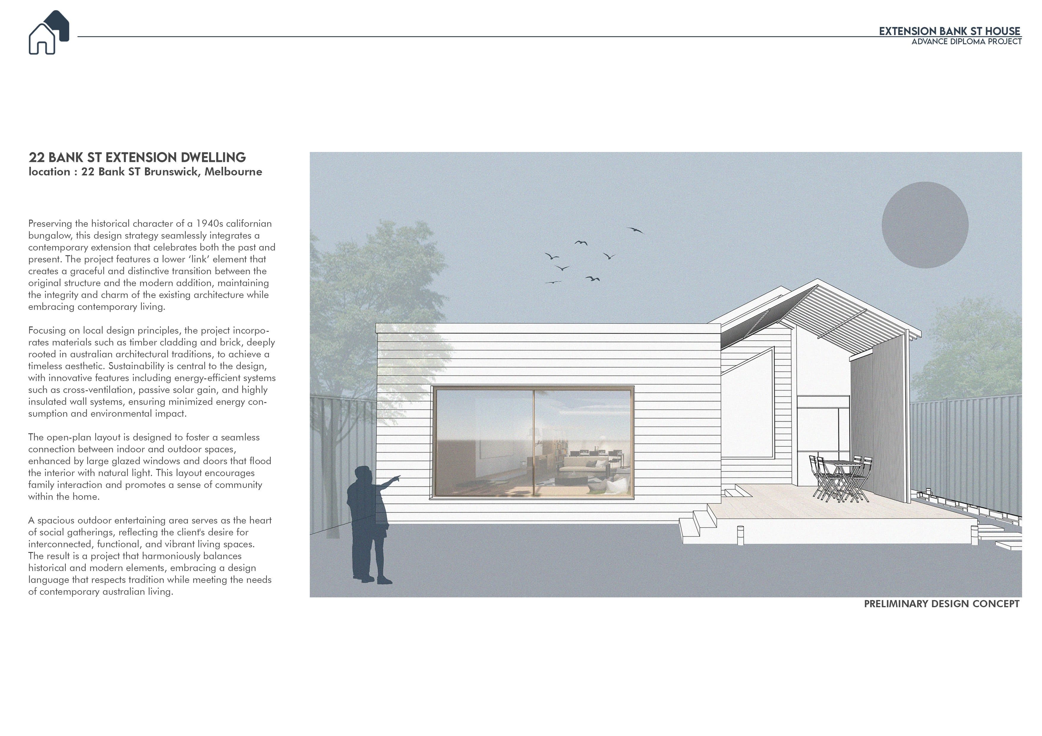 Preliminary design concept elevation of the extension, alongside the project description