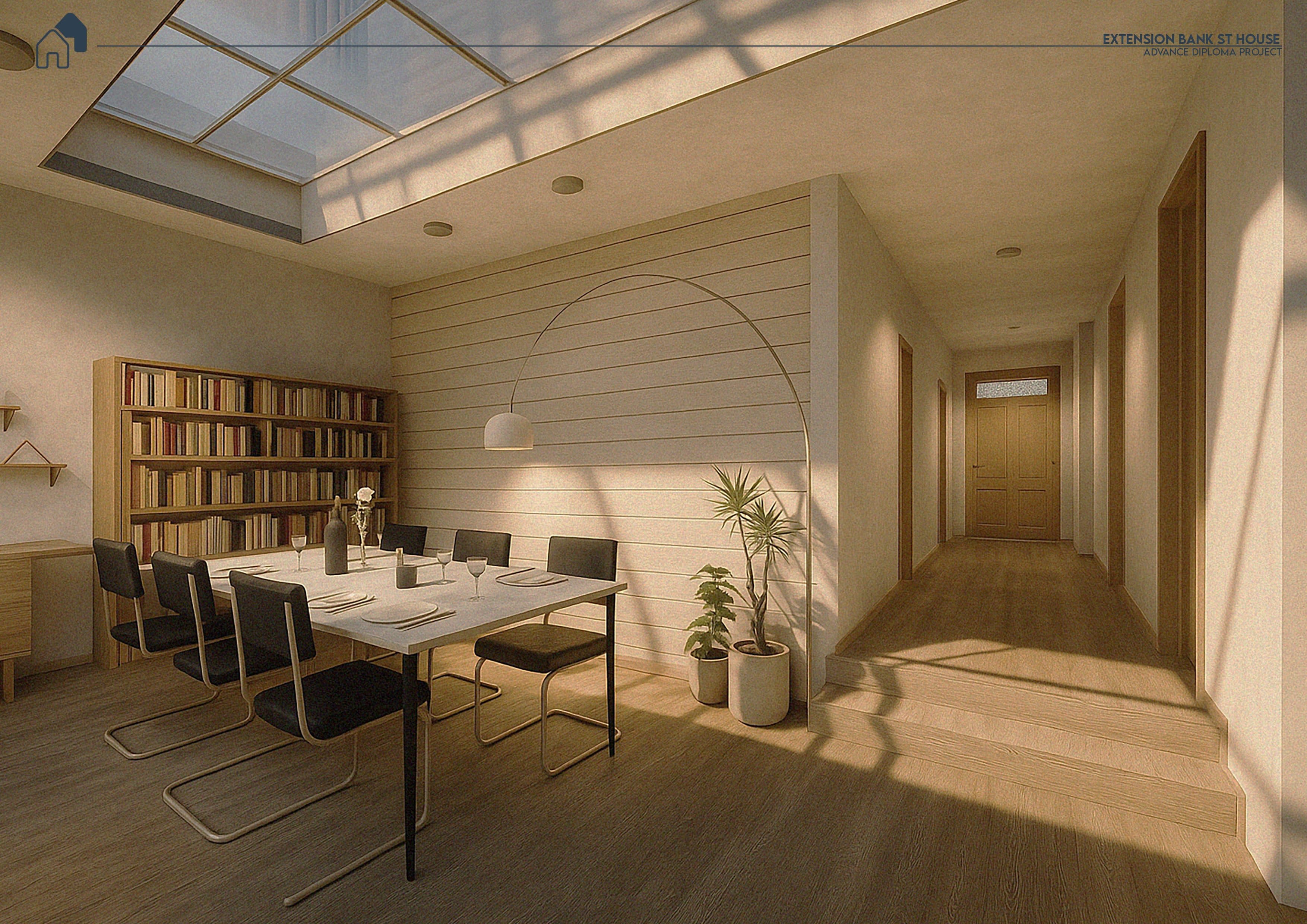 Interior perspective of the dining area under a large skylight, looking down the corridor to the original house