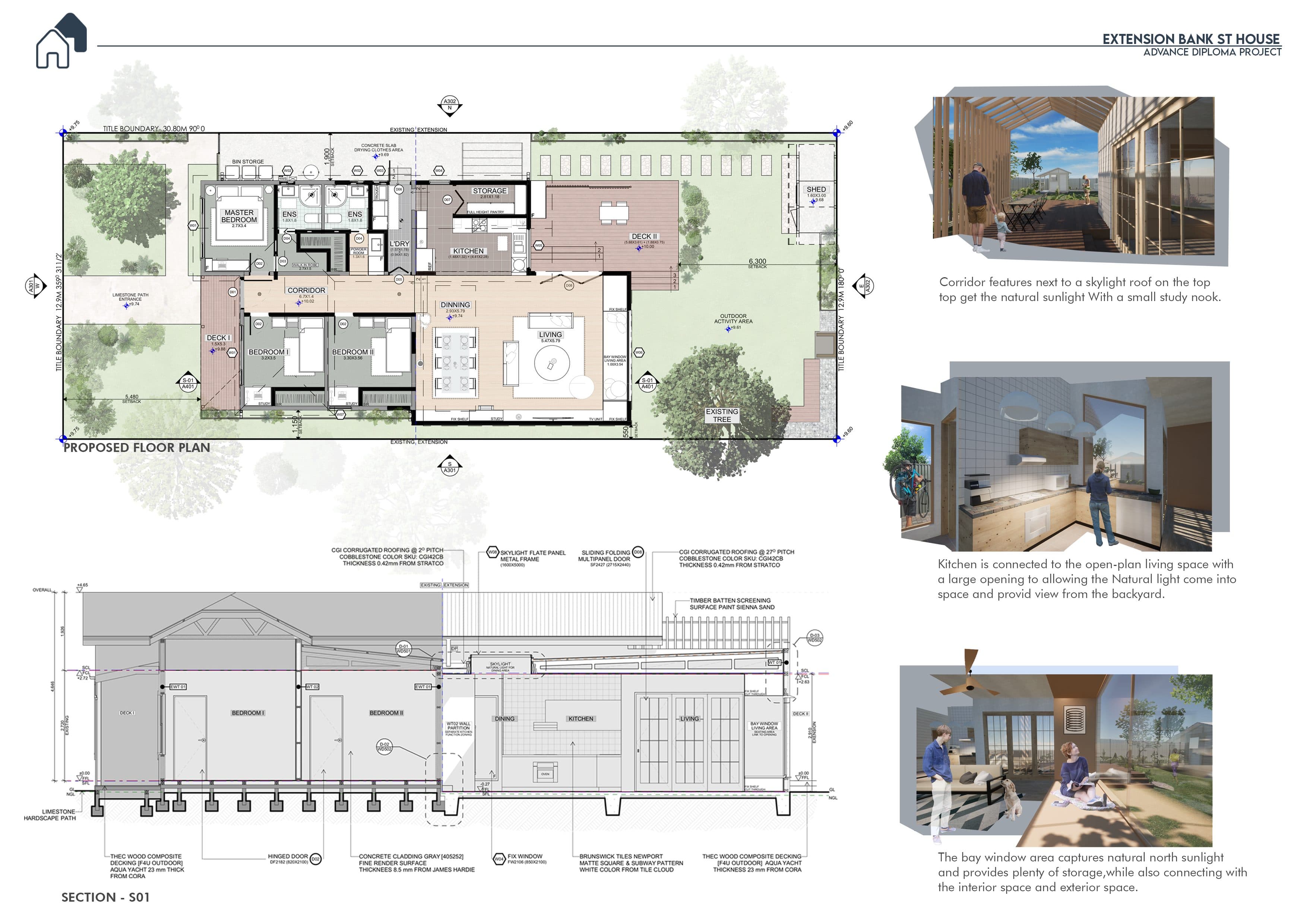 Proposed floor plan and long section, with perspectives of the skylit corridor, the kitchen and the bay window