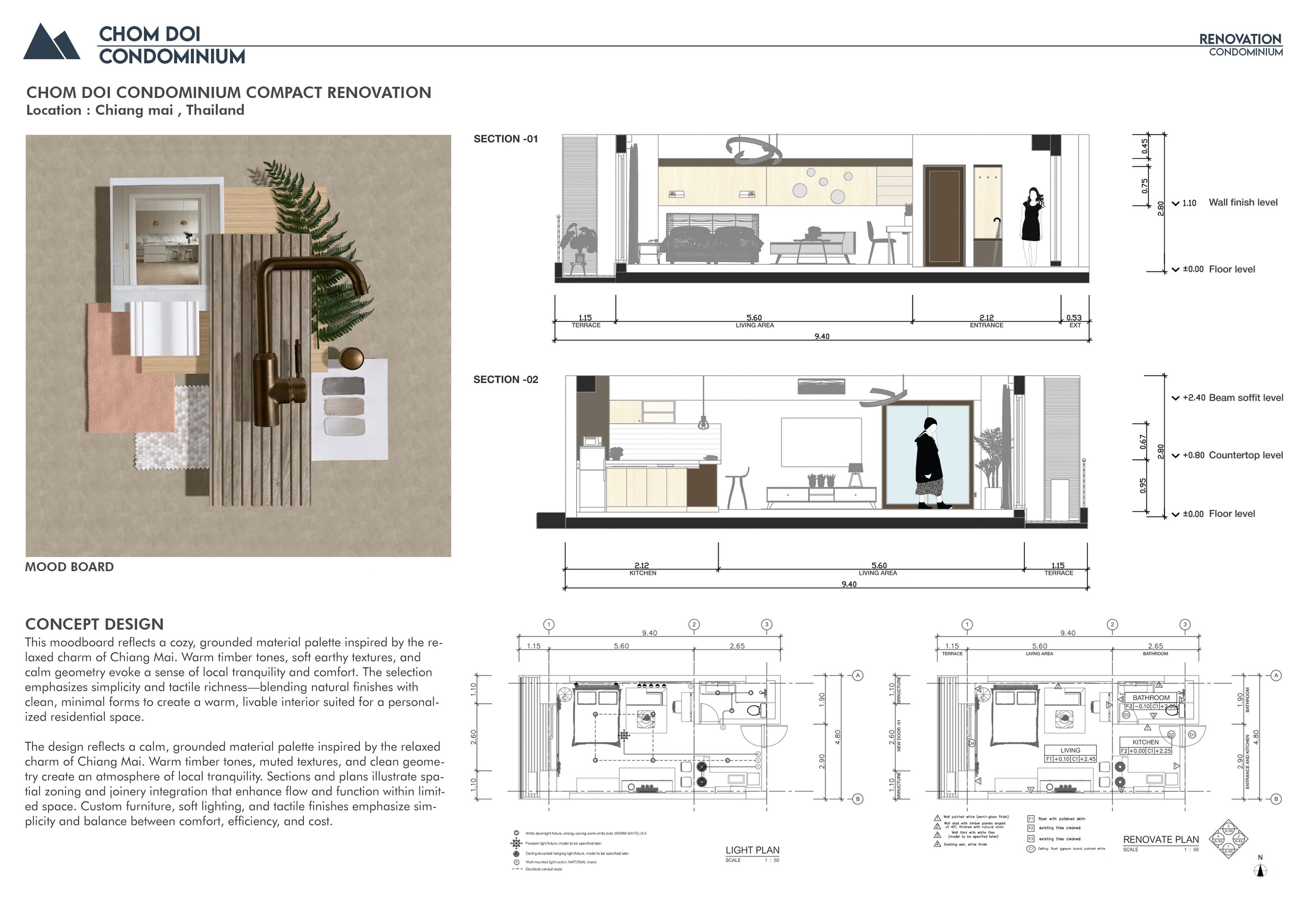 Mood board, sections, lighting plan and renovation plan of the compact condominium unit