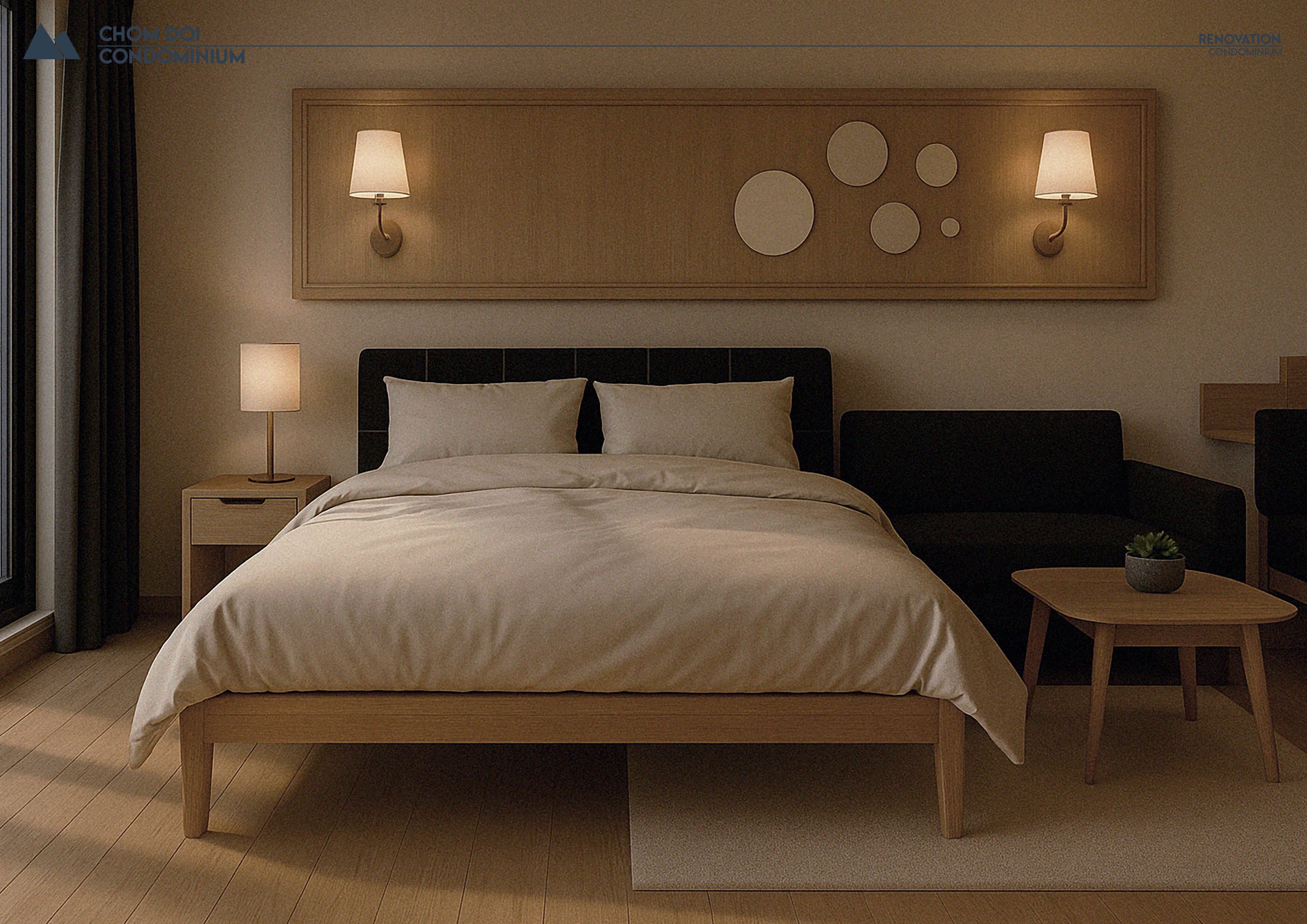 Perspective of the bedroom with a timber headboard panel and warm wall lighting