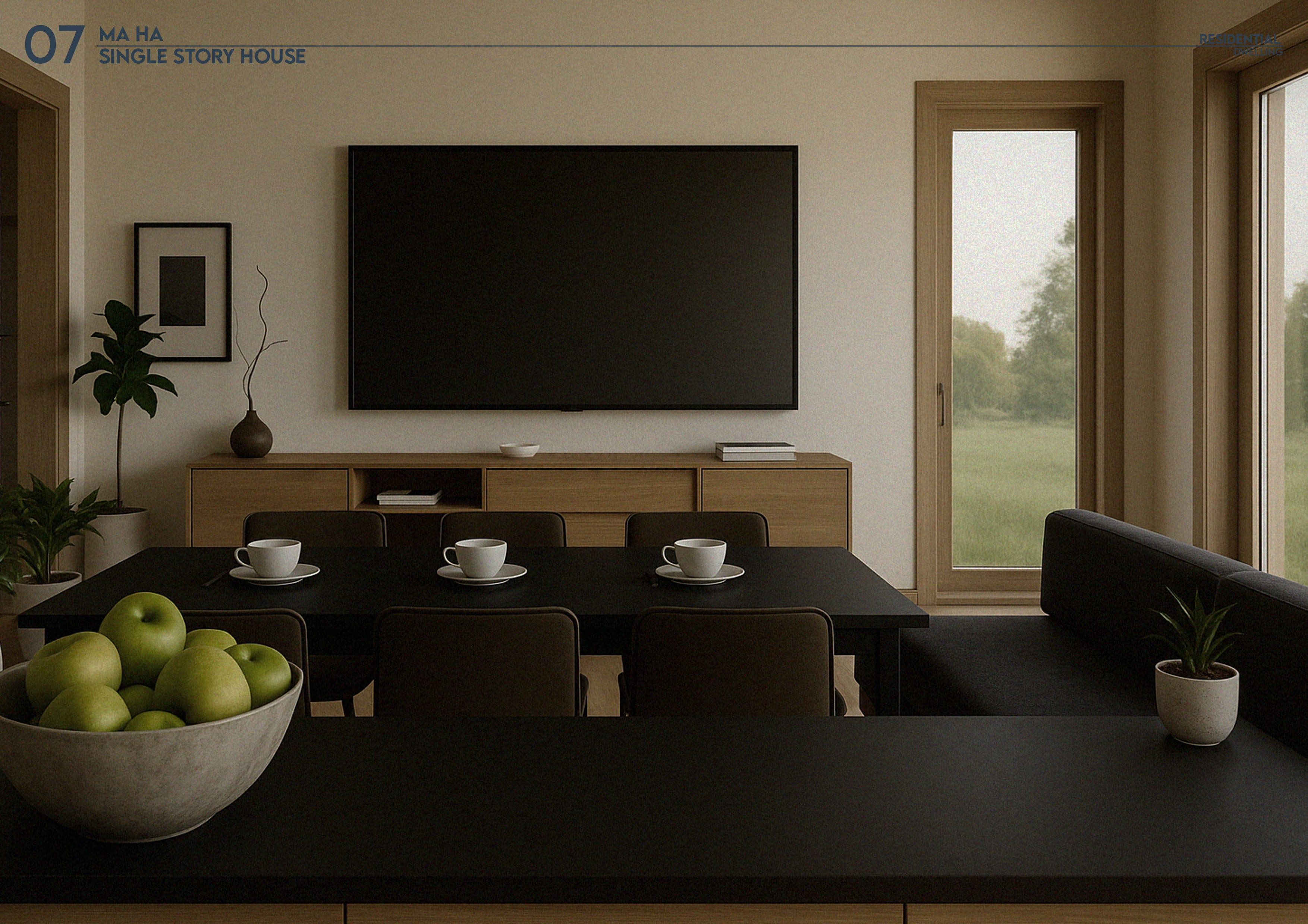 Perspective of the open living and dining area with a garden view through tall timber-framed doors