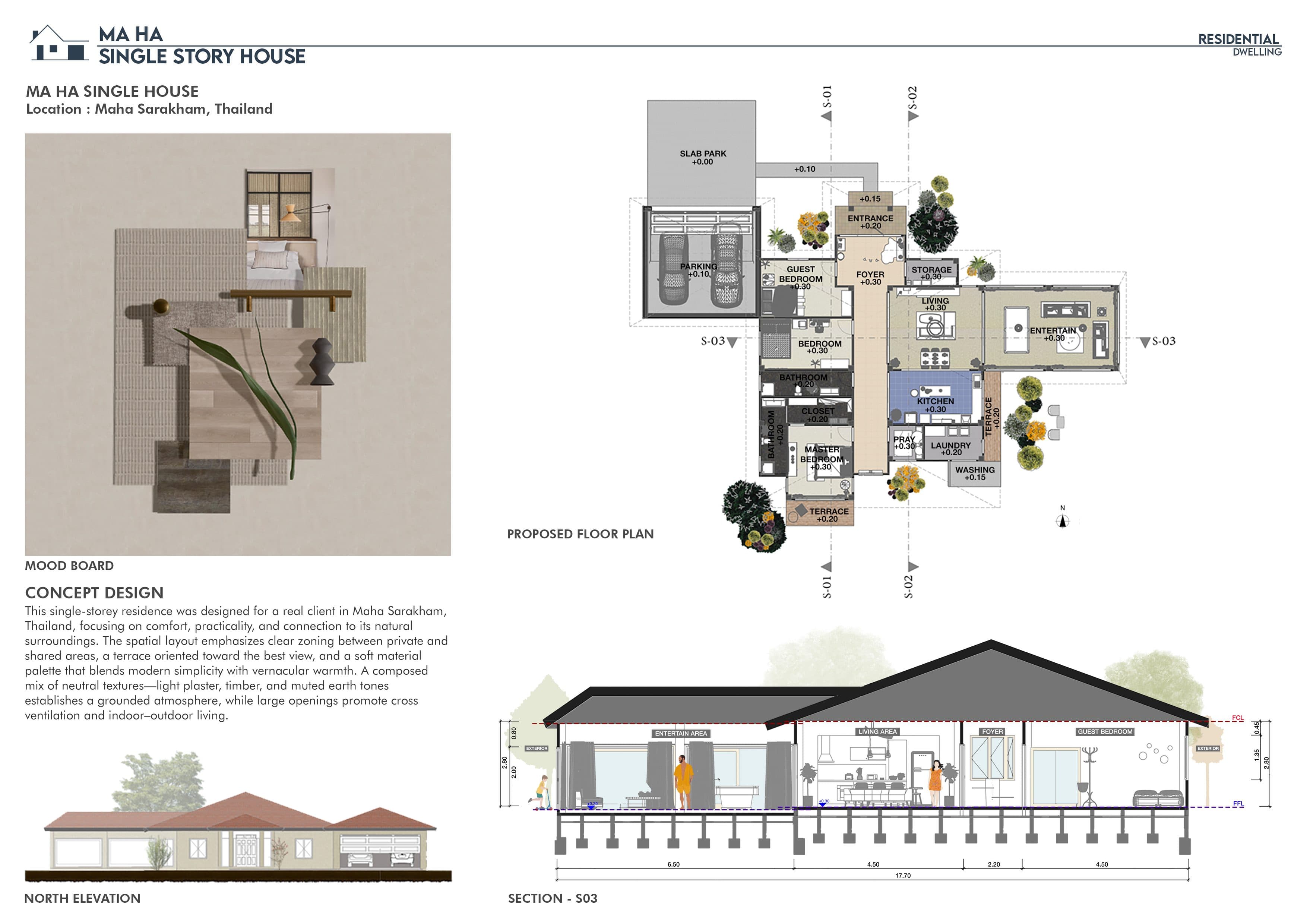 Mood board, proposed floor plan, north elevation and section of the single-storey house