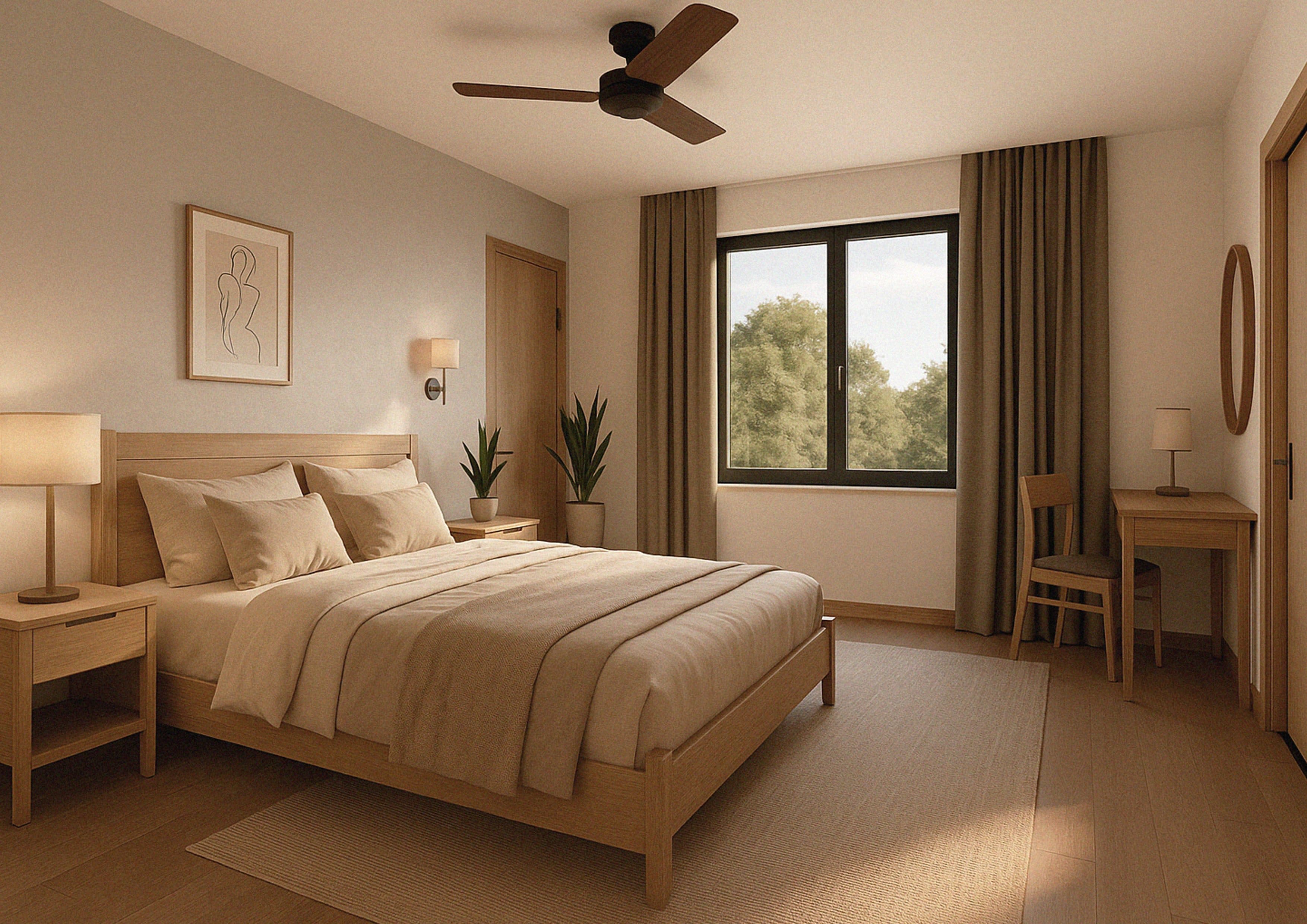 Perspective of a bedroom with timber furniture and a window onto the garden