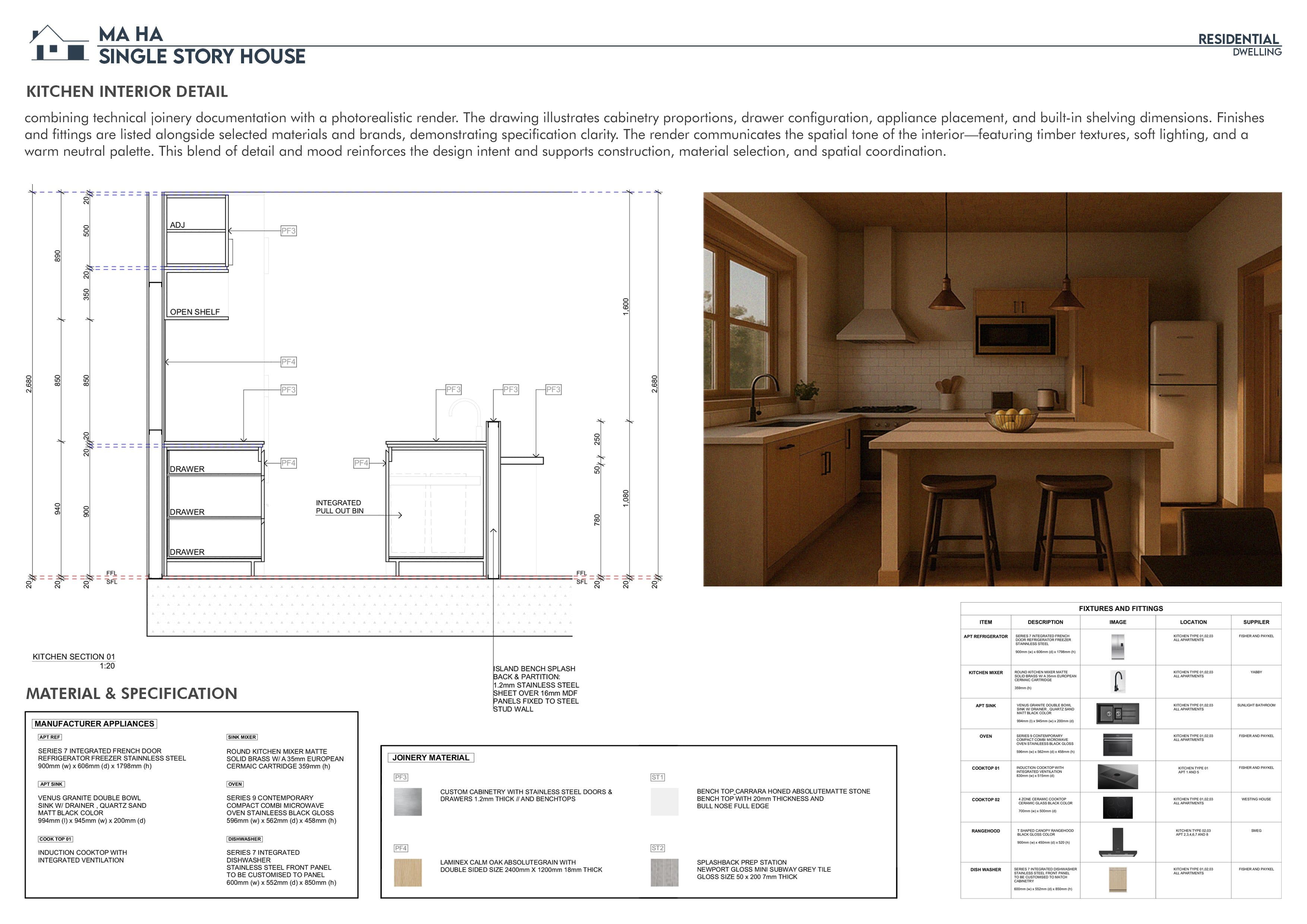 Kitchen joinery section, material and appliance specifications, and a perspective of the kitchen