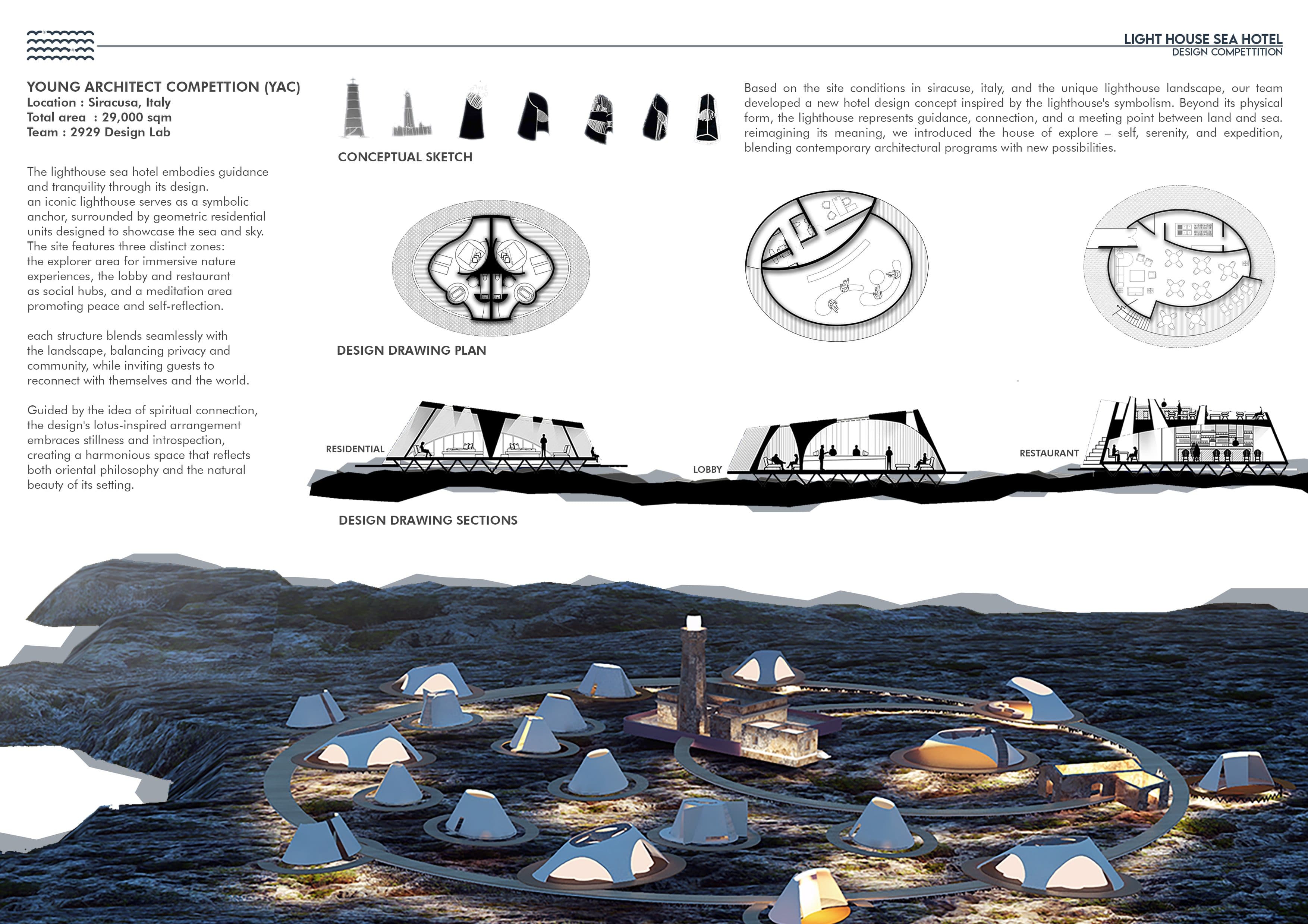 Young Architect Competition entry with conceptual sketches, plans and sections of the residential, lobby and restaurant pavilions, and an aerial view of the site