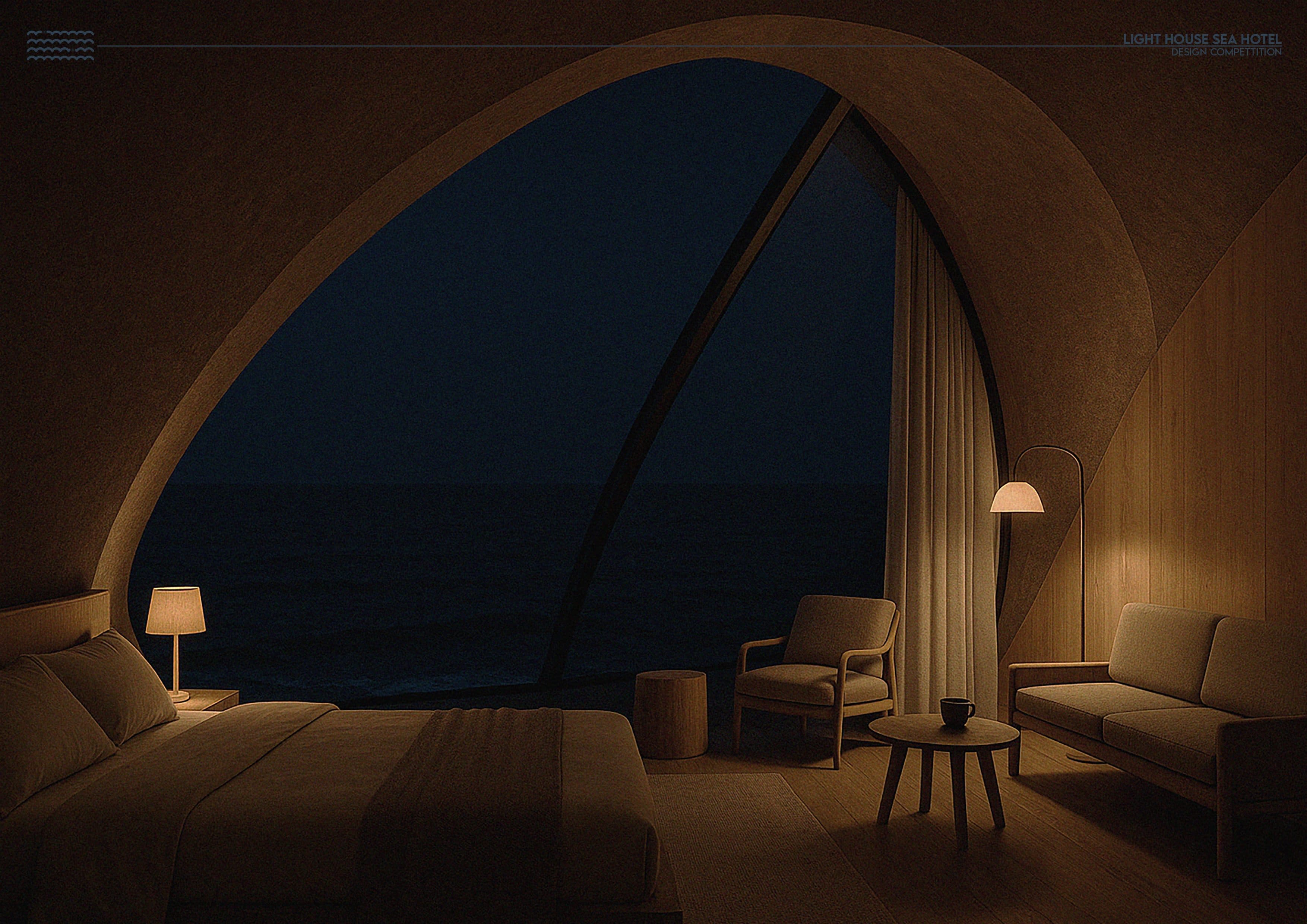 Interior perspective of a guest room at night, looking through a tall arched window to the sea