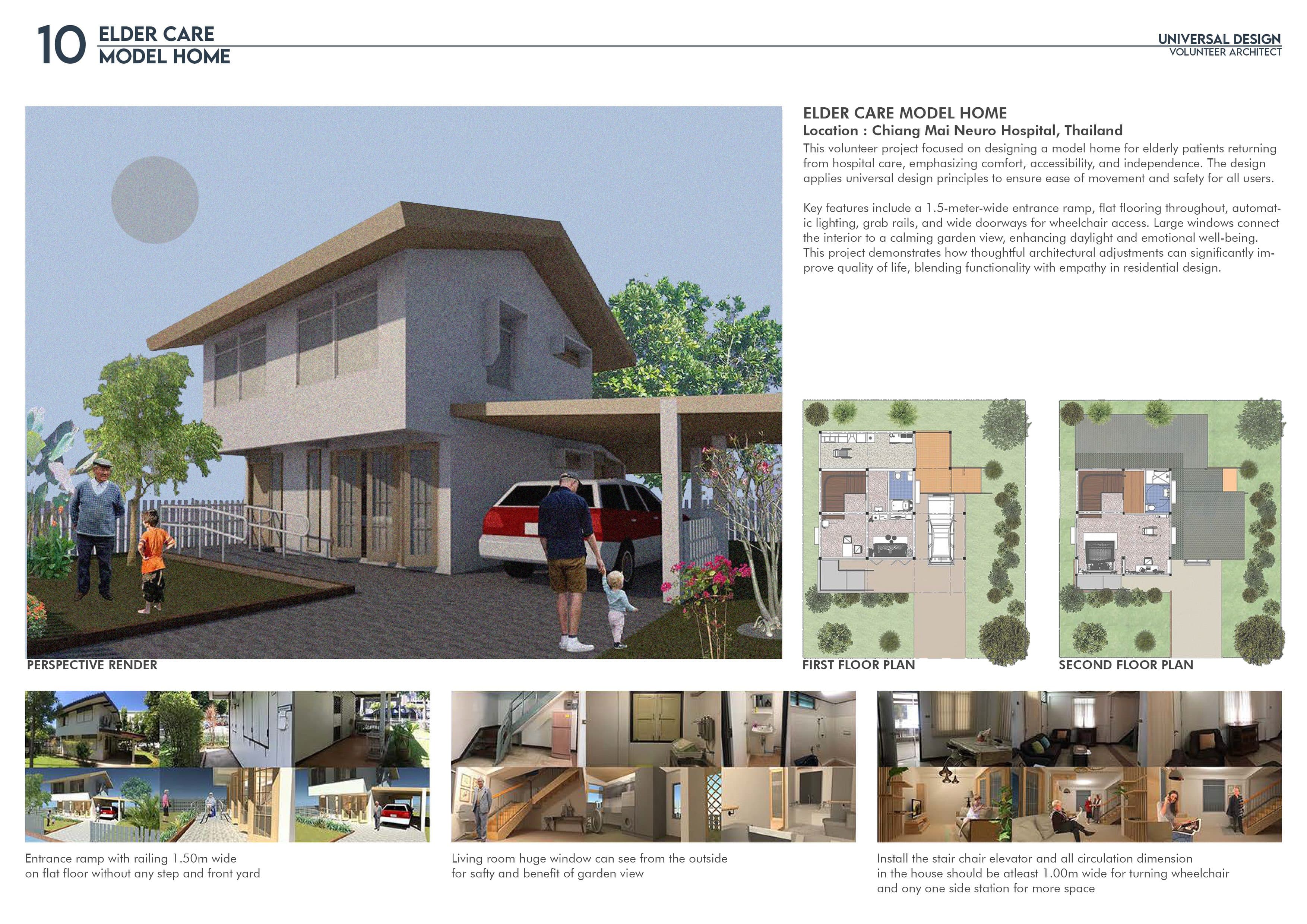 Perspective of the model home with its ramped entrance, first- and second-floor plans, and existing-condition photographs and renders of the entrance ramp, living room and stair lift