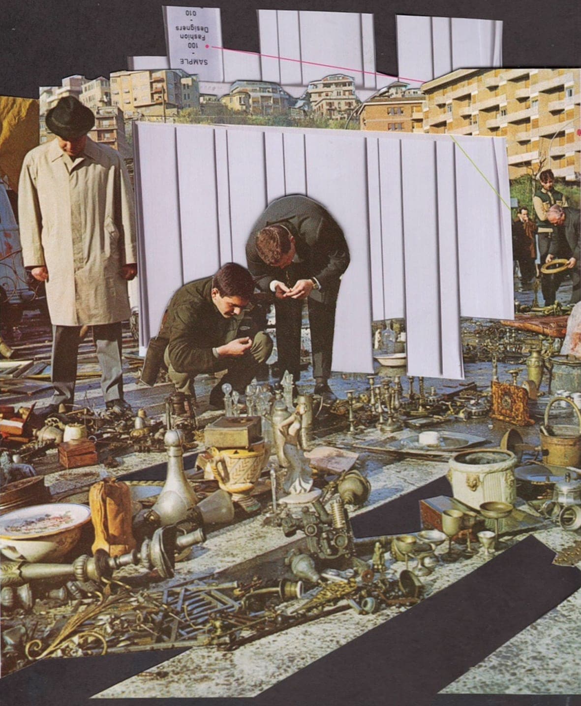 Collage of men in overcoats inspecting a flea-market spread of brass and silverware, with pleated white paper screens cut into the scene