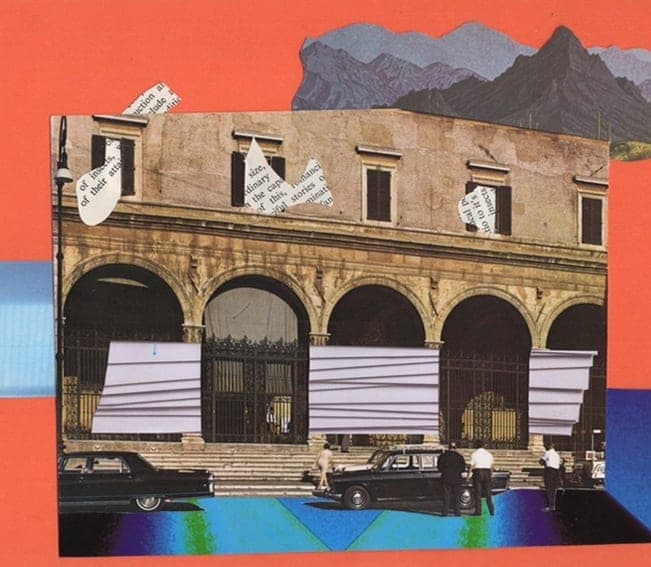 Collage of an arcaded classical building banded with white paper strips, set on an orange-red ground beneath cut-out mountains