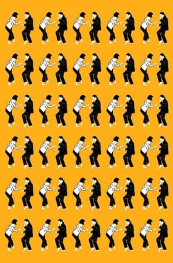 Graphic pattern of a repeated black-and-white dancing couple on a yellow background