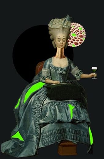 Digital collage of an eighteenth-century portrait of a woman in a green silk gown, her face replaced by a gold mask, with neon-green accents on a black ground