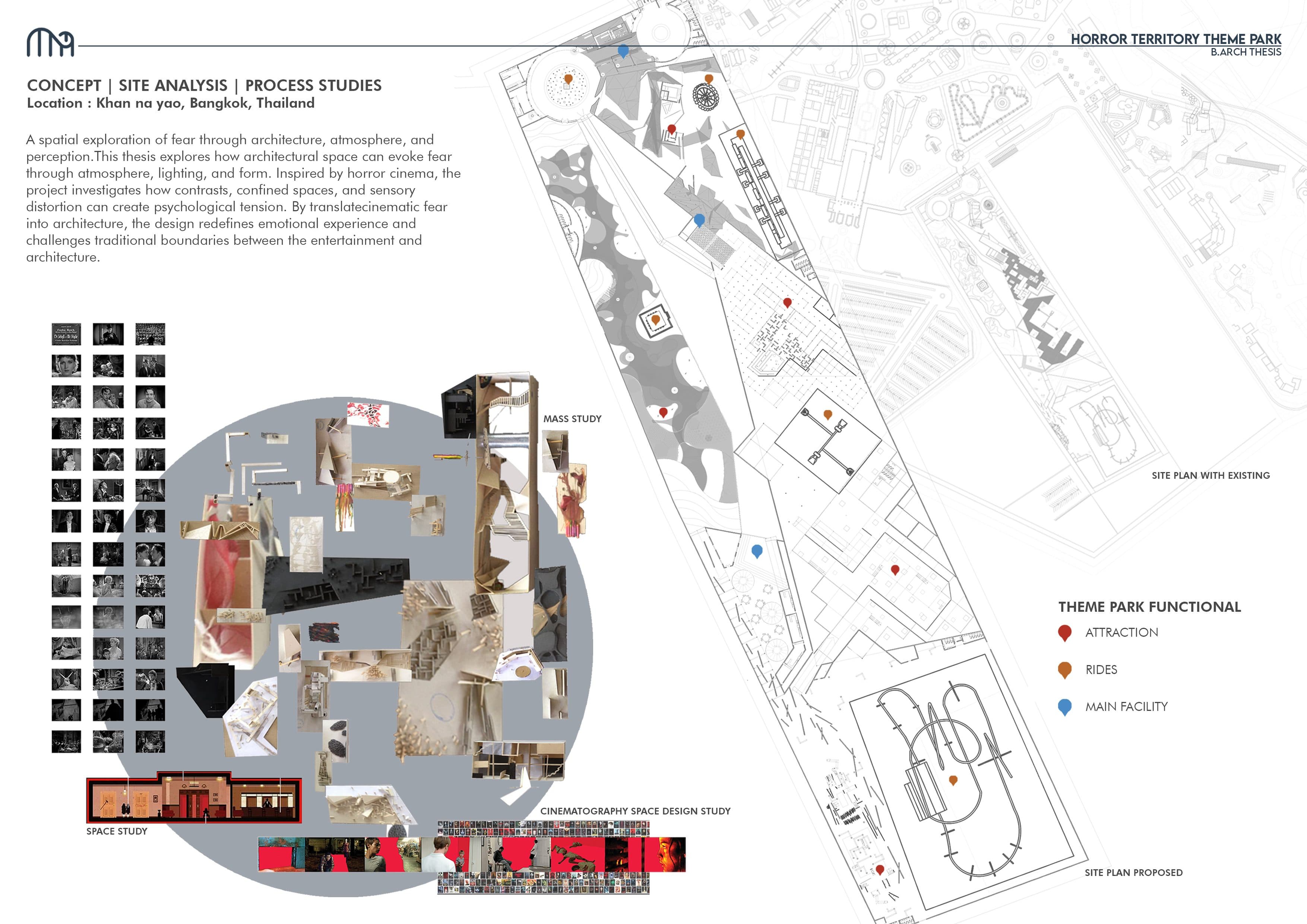 Concept, site analysis and process studies, with horror-film stills, mass and space study models, and existing and proposed site plans marking attractions, rides and main facilities