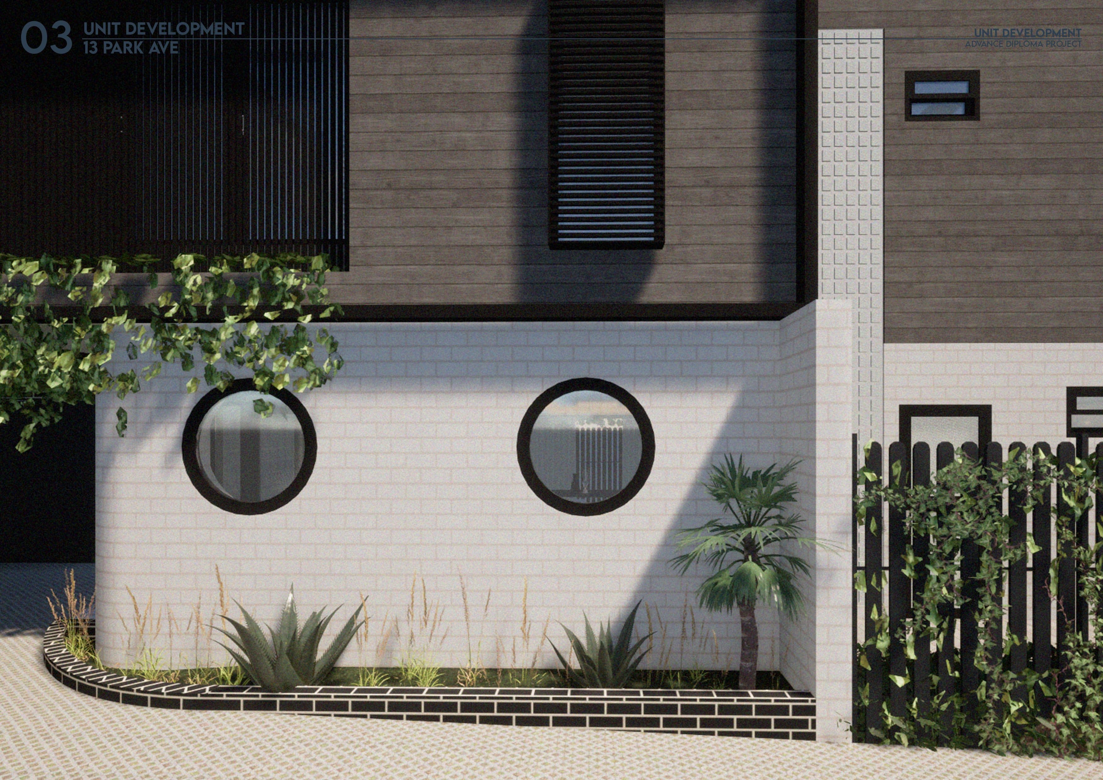 Street perspective of the townhouses' curved white brick base with round porthole windows and dark timber cladding above