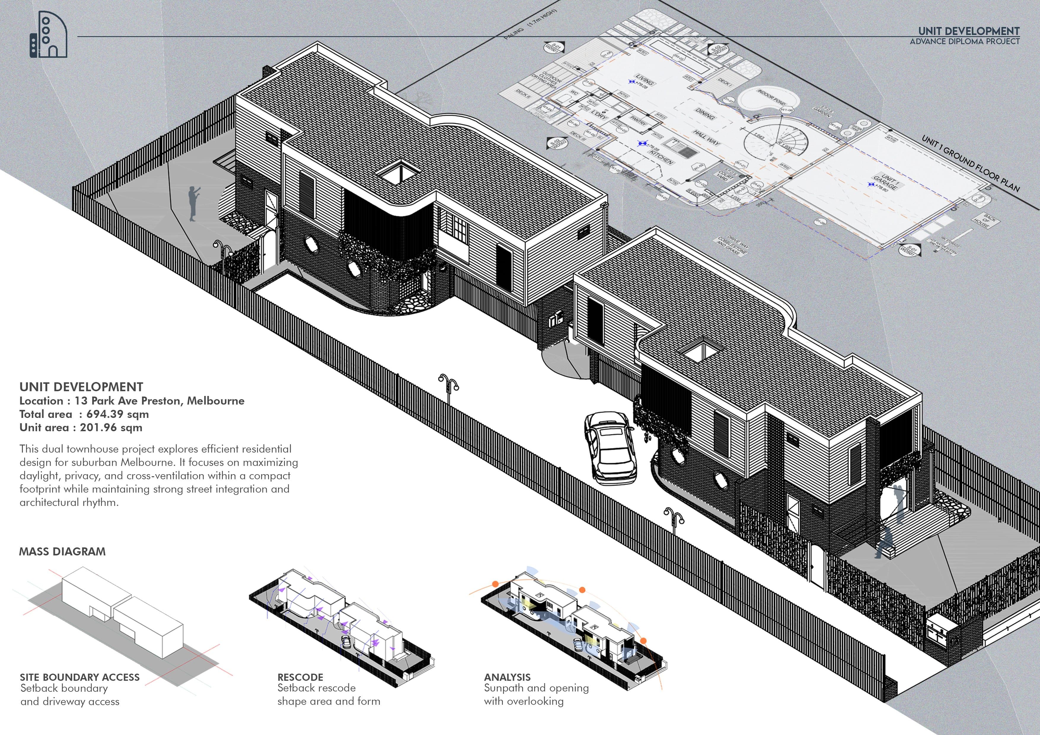 Axonometric of the two townhouses on their site with the ground-floor plan, and mass diagrams for site access, ResCode setbacks and sun-path analysis