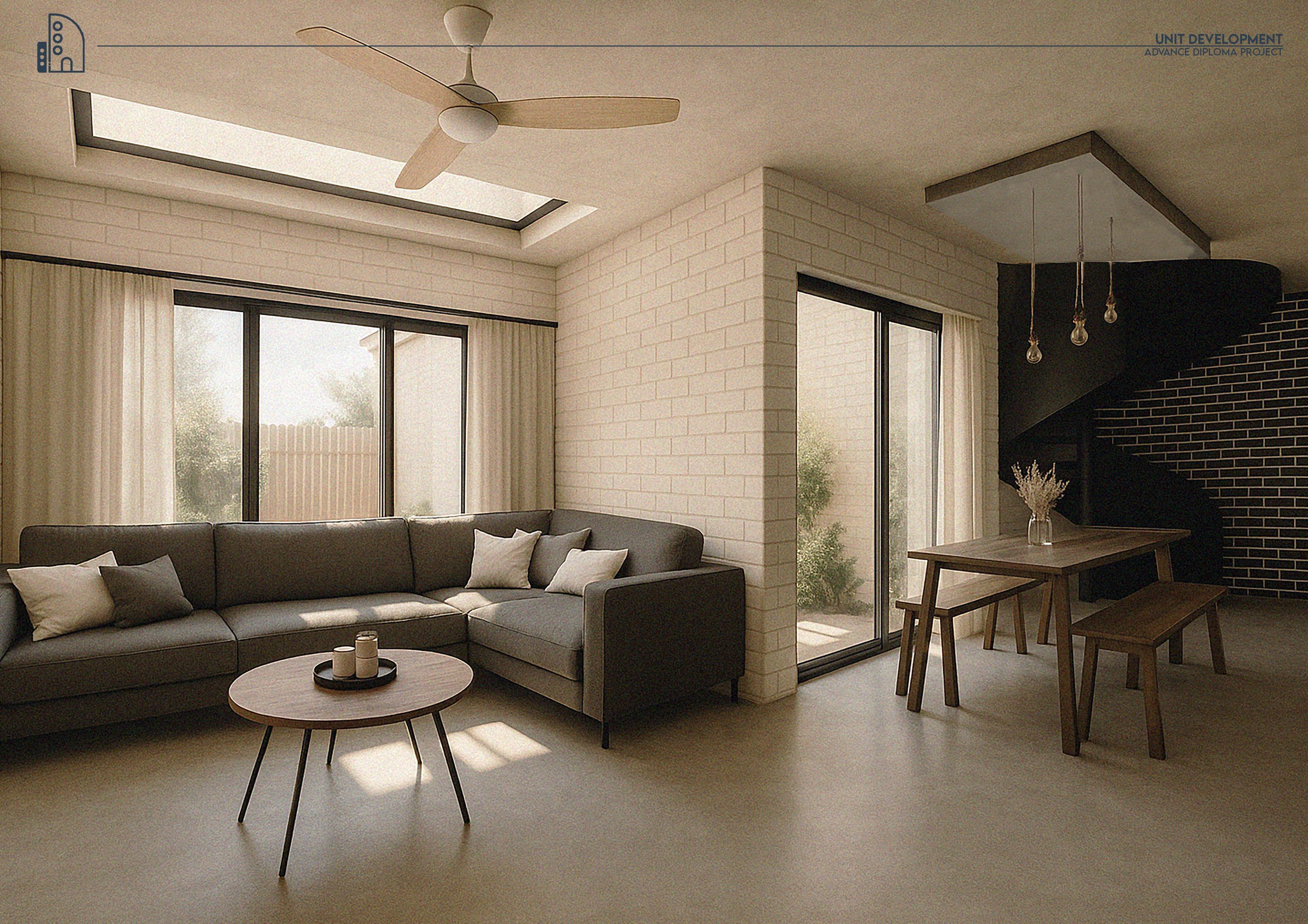 Interior perspective of a light-filled living and dining room under a skylight, with a dark brick stair wall