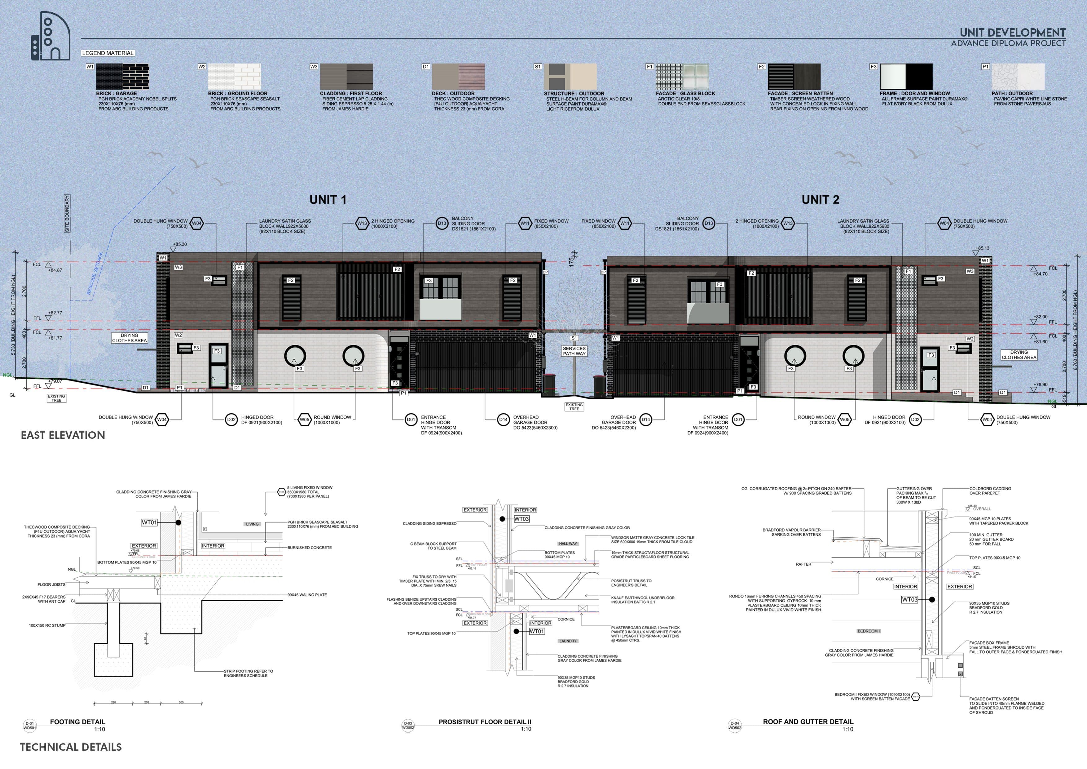 East elevation of both units with a materials legend, and footing, floor and roof construction details