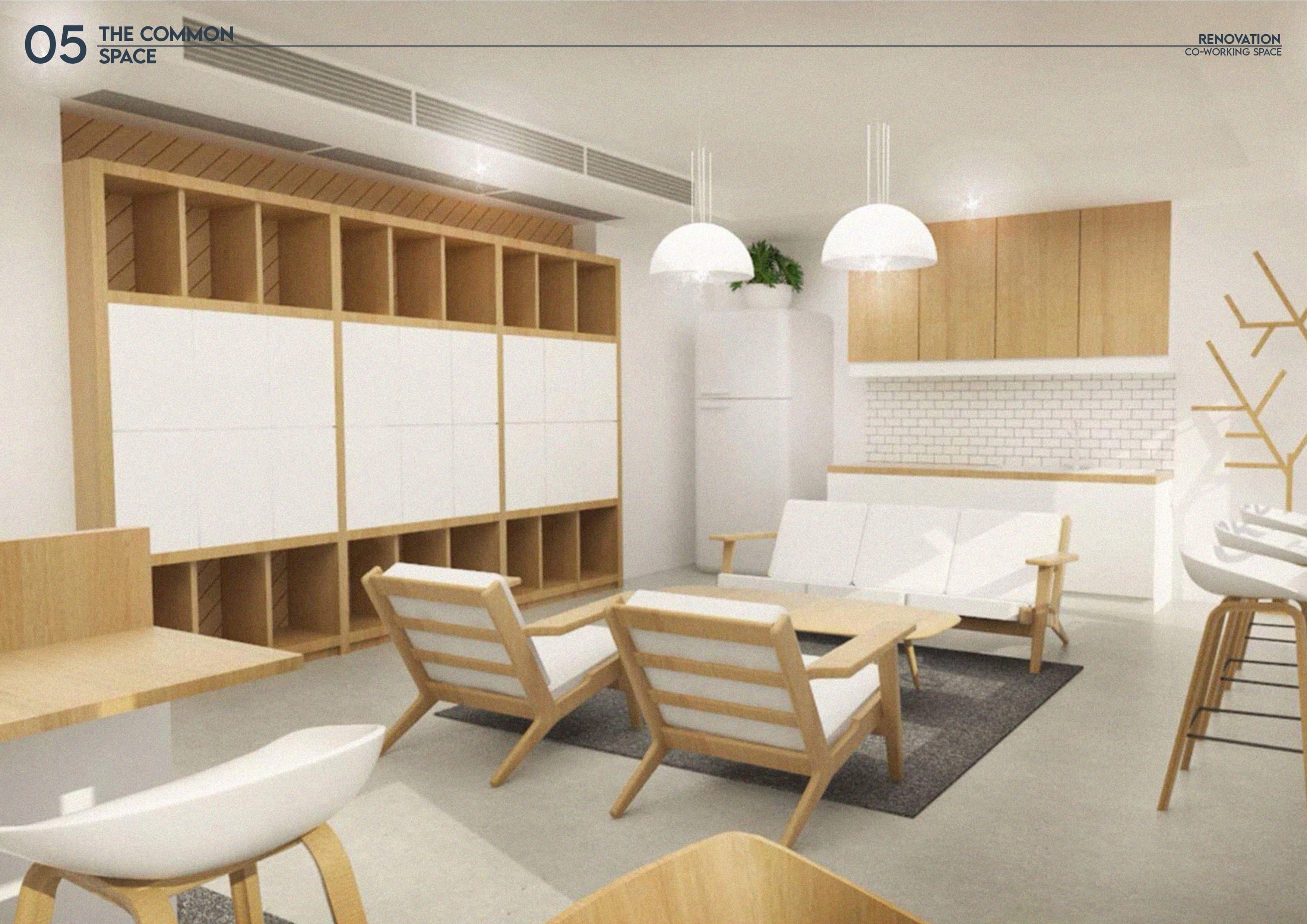 Perspective of the co-working lounge, with a timber-framed storage wall, pantry and lounge seating
