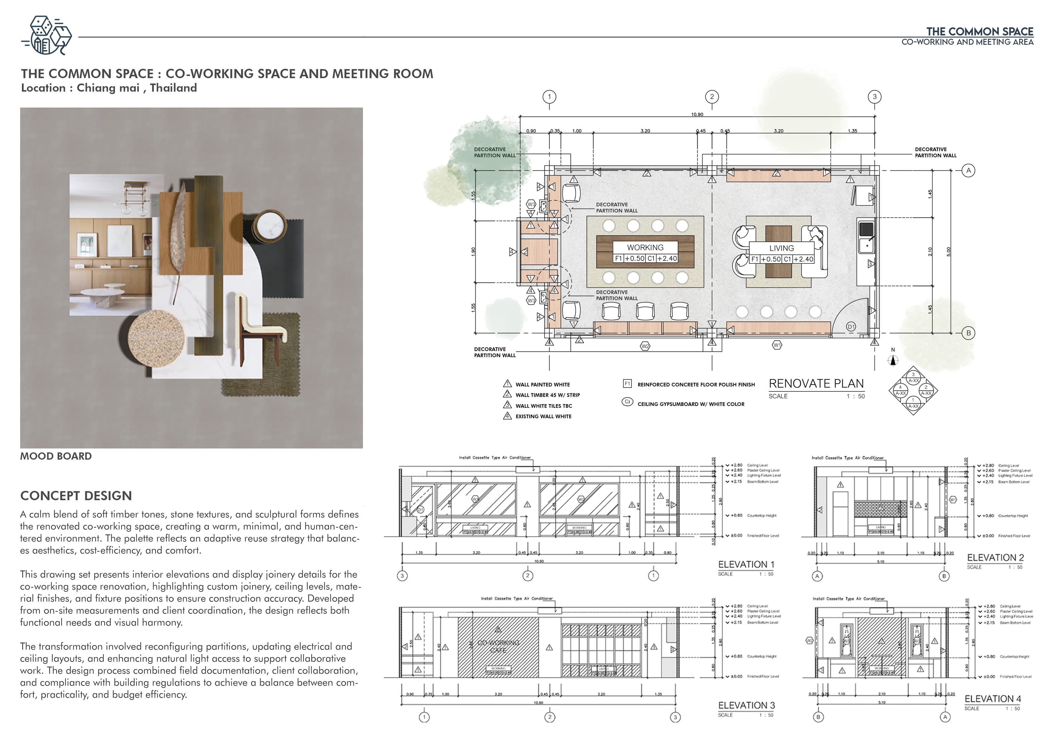 Mood board, renovation plan and interior elevations of the co-working space and meeting room