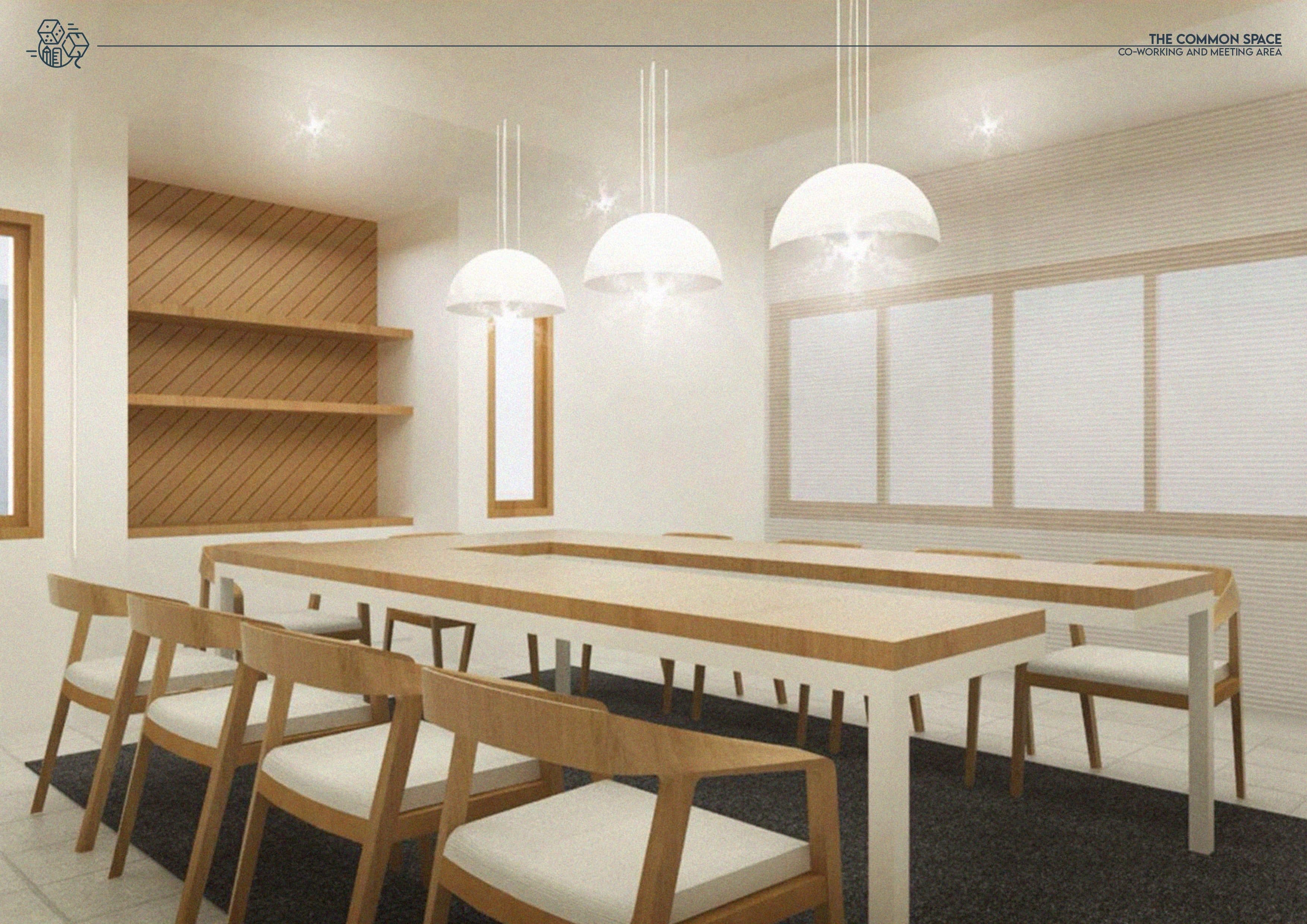 Perspective of the meeting room with a long timber table, pendant lamps and diagonal timber wall panelling