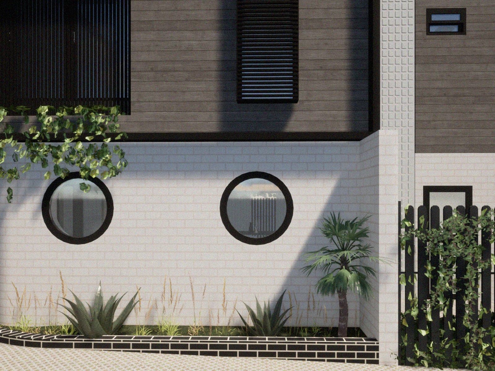 Curved white brick garden wall with two round porthole windows beneath dark timber-clad upper storey