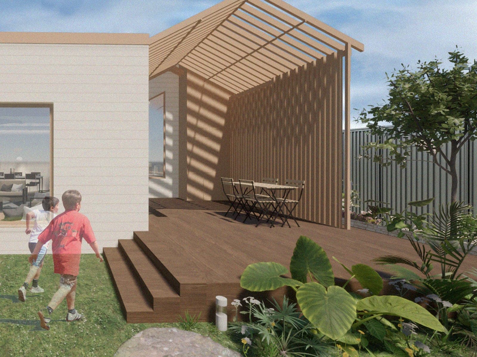 Rear extension of a weatherboard house opening onto a timber deck under a slatted pergola, with children running across the lawn