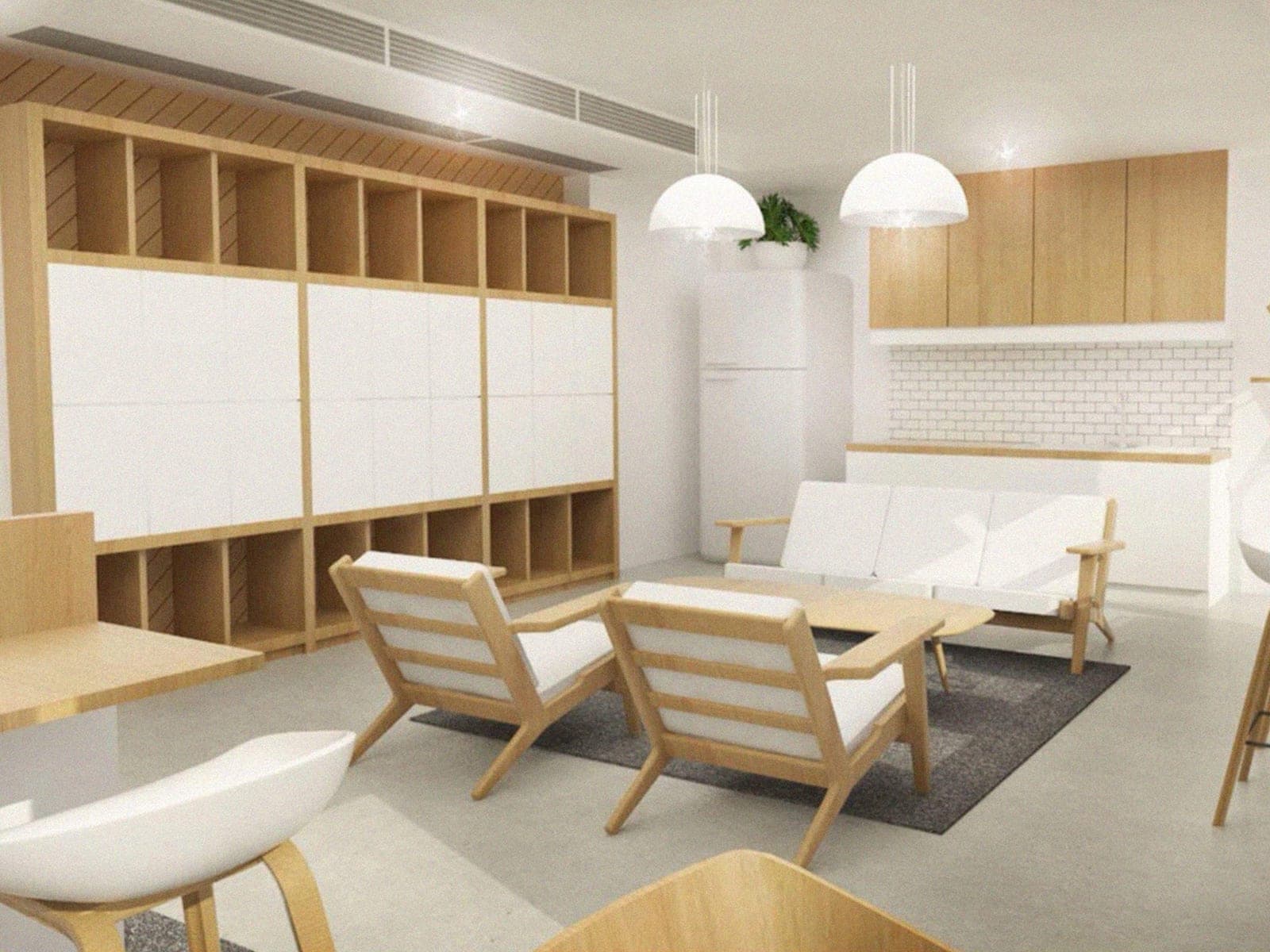 Bright co-working lounge with white-and-timber storage wall, pendant lamps and timber lounge chairs