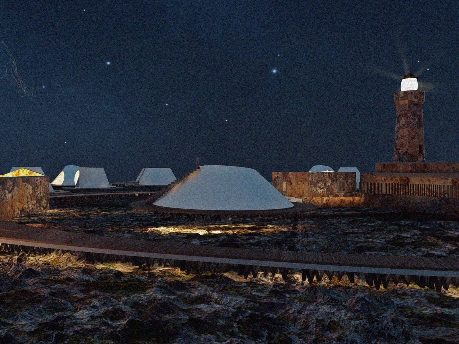 Night view of white conical guest pavilions linked by a timber boardwalk around a stone lighthouse