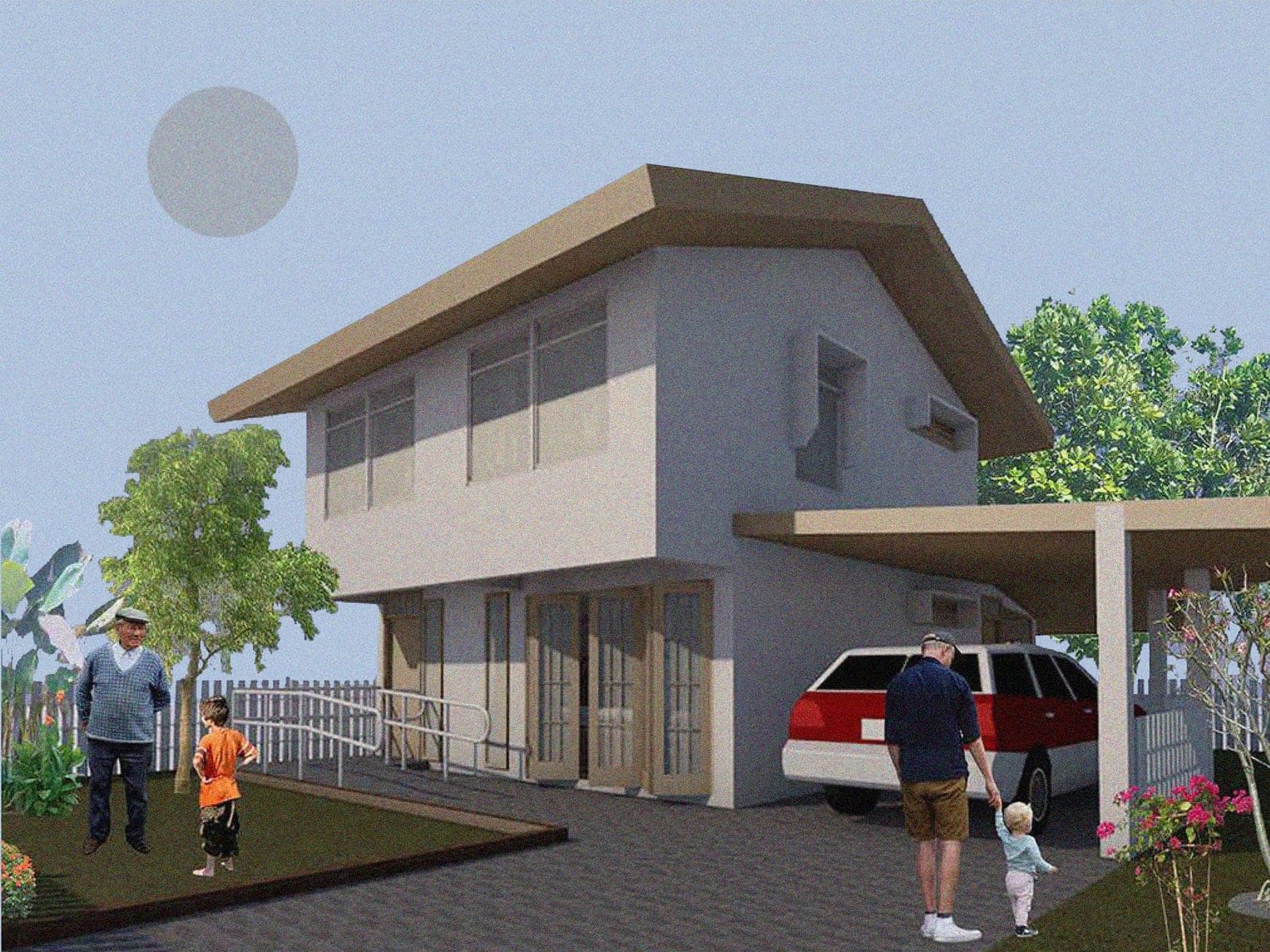 Two-storey house with a carport and a gently ramped entrance, with an elderly man and a child in the front garden
